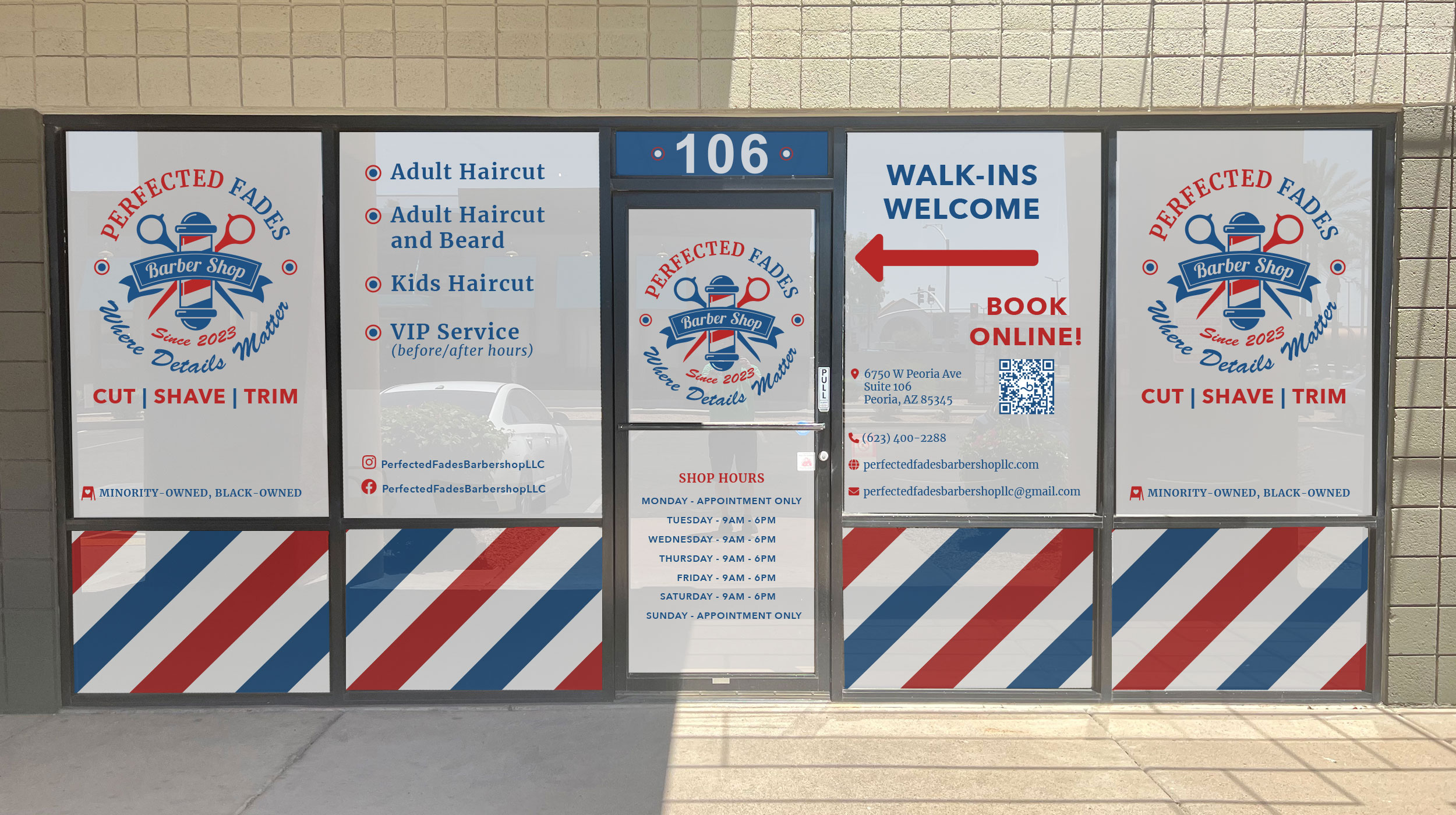 Storefront windows covered in custom graphics on perforated white vinyl